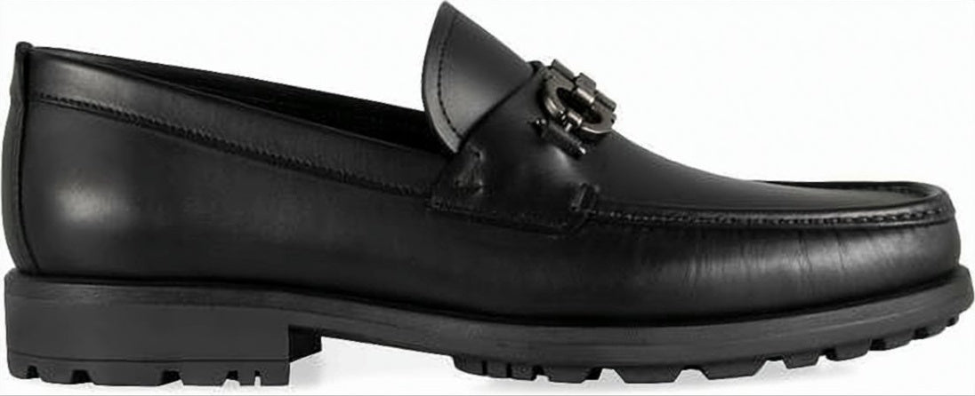 Black Leather Loafers with Metallic Buckle