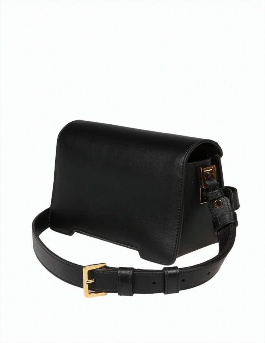 Structured Black Leather Shoulder Bag with Gold-tone Accents