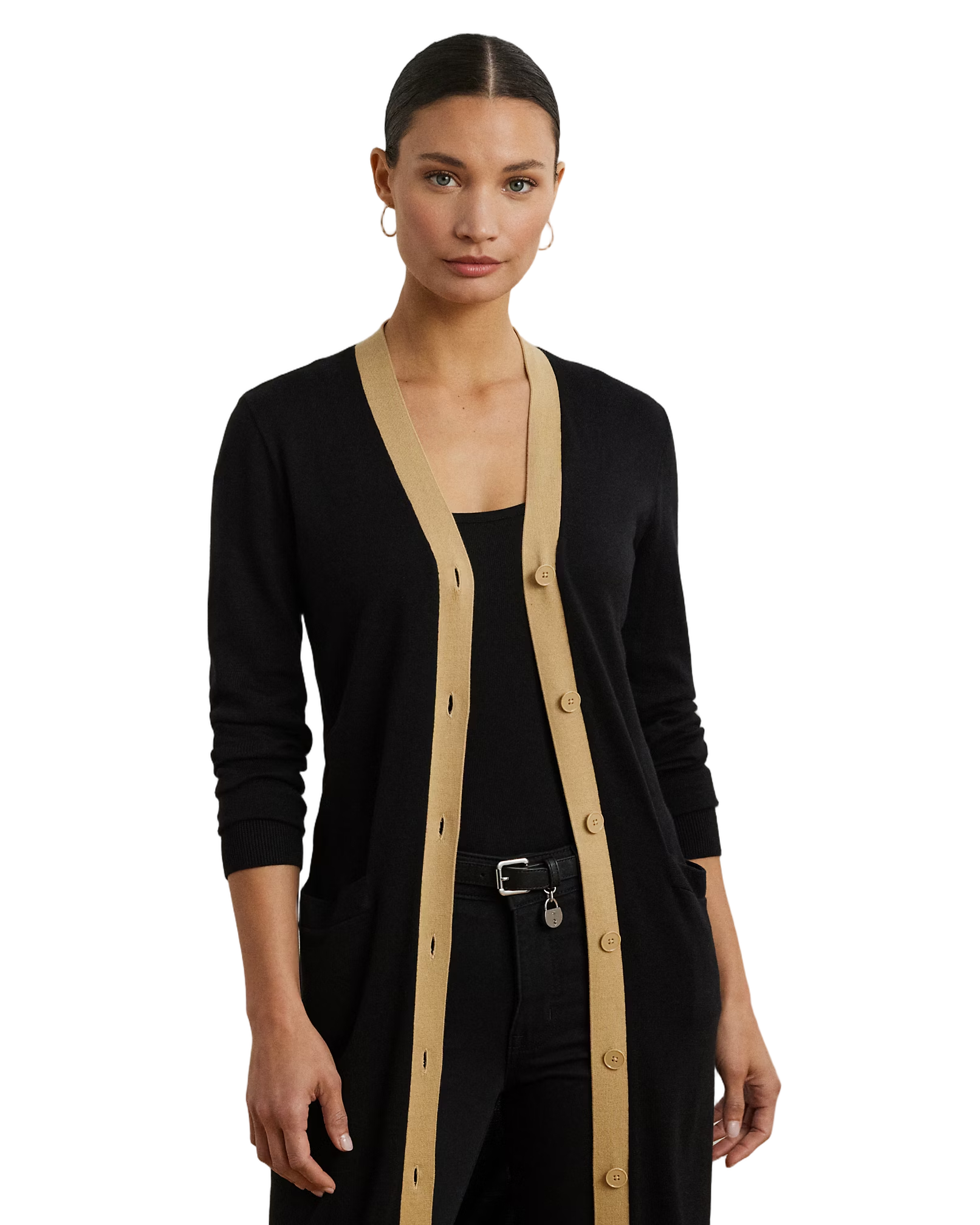 Long Sleeve Cardigan With Birch Tan Trim
