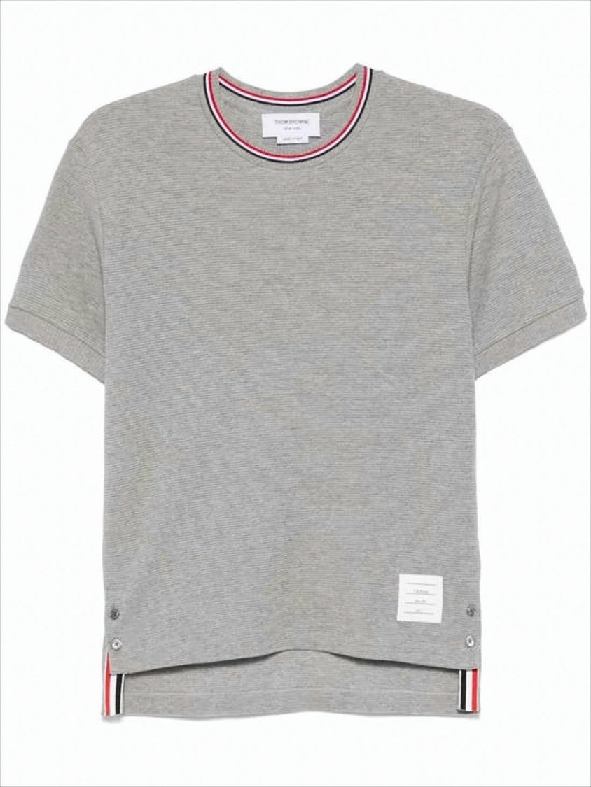 Short-Sleeve Cotton T-Shirt With Striped Neckline And Snap Hem