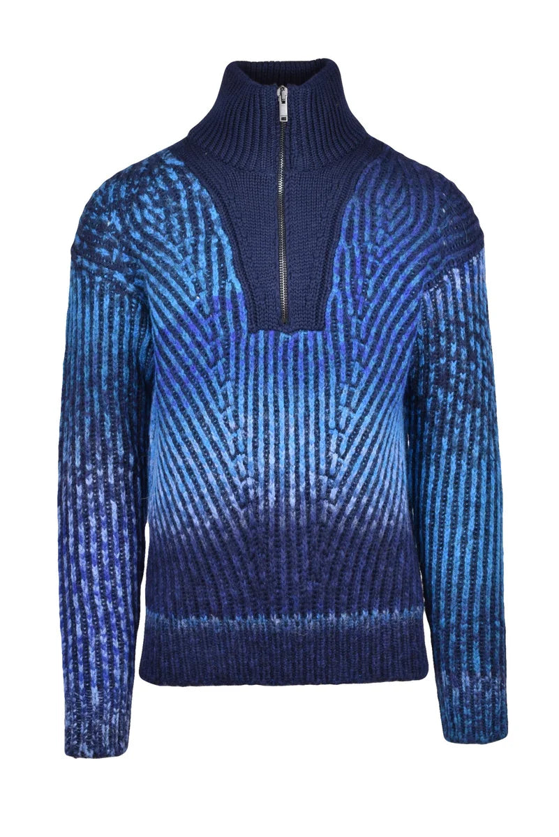Wool Alpaca Zip Mock Neck Sweater - Blue/Light Blue