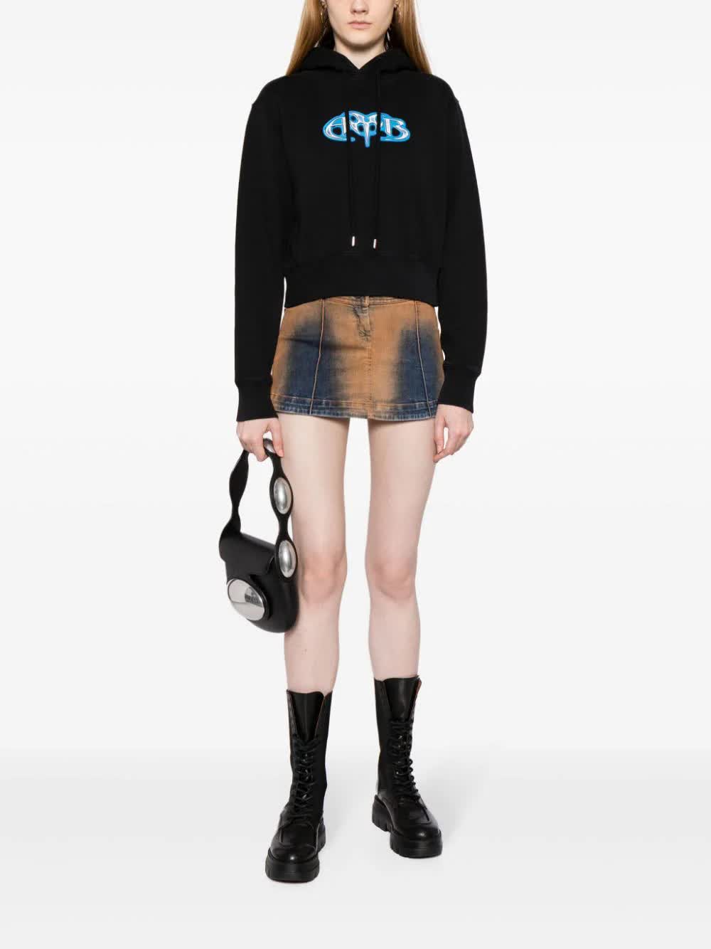 Black Amb Graphic Cropped Cotton Hoodie