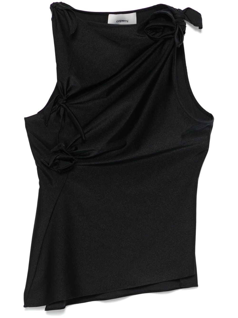 Sleeveless Black Satin Top With Floral Appliqué
