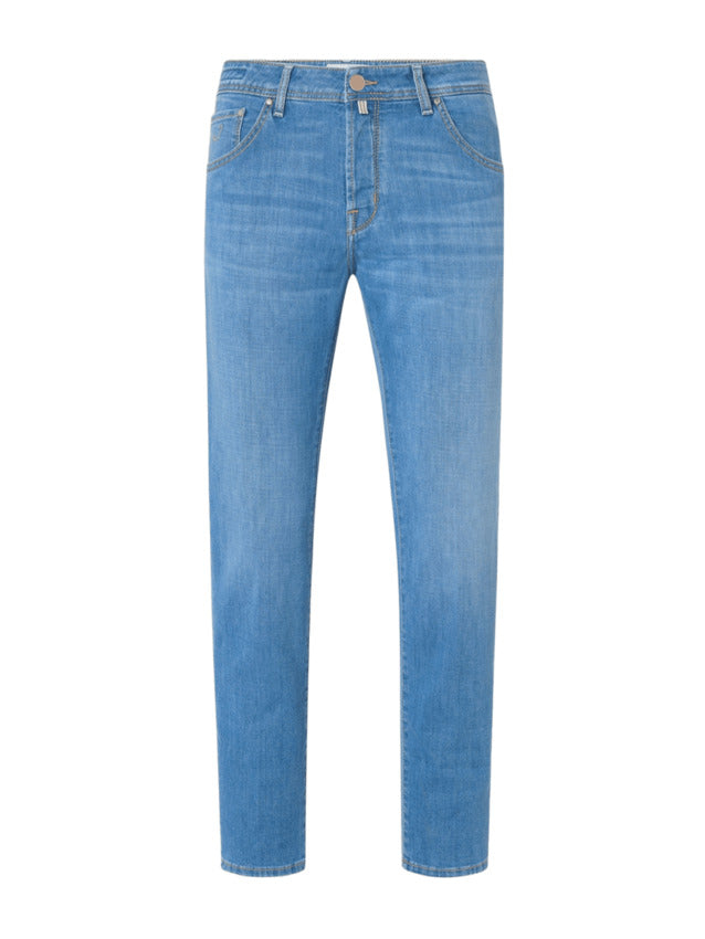 Slim Carrot Fit Blue Jeans With Vintage Effect And Fragrant Detail