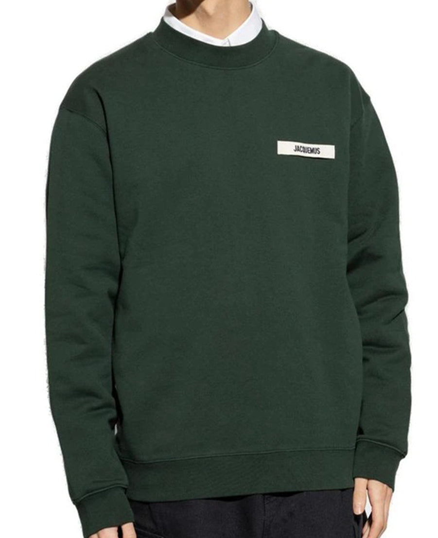 Deep Green Long-Sleeve Crewneck Shirt With Rectangular Logo Patch