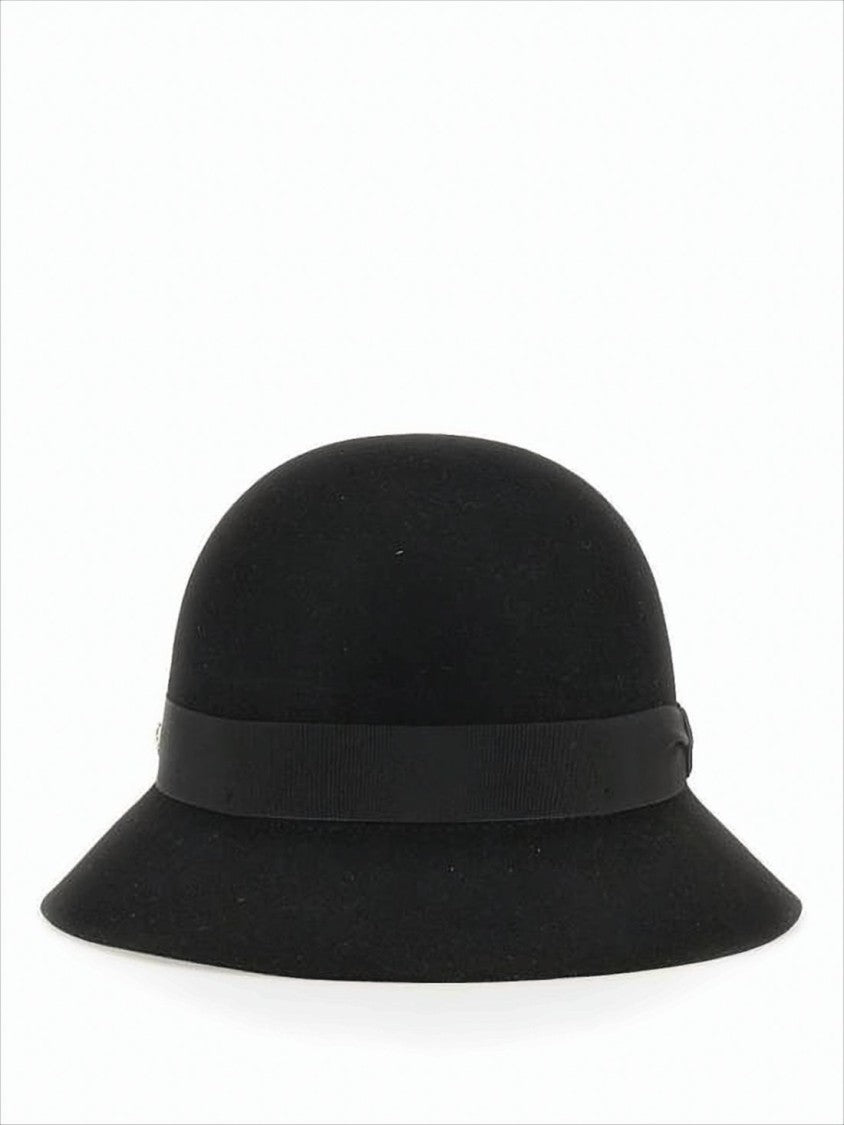 Cloche Hat In Black Merino Wool With Grosgrain Ribbon