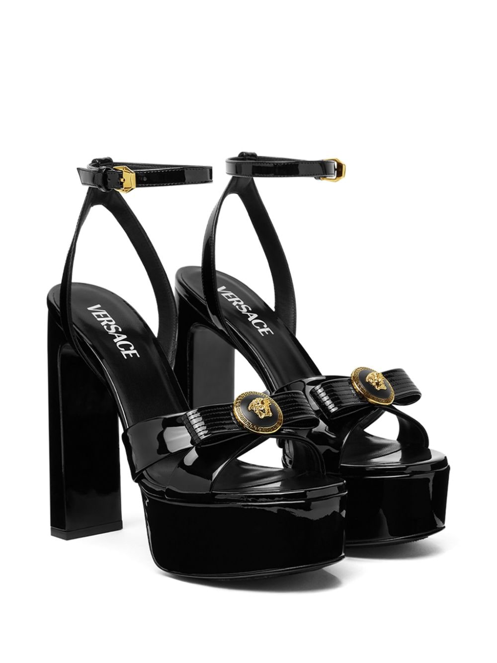 Buckle-Fastening Black Patent Leather Platform Sandals