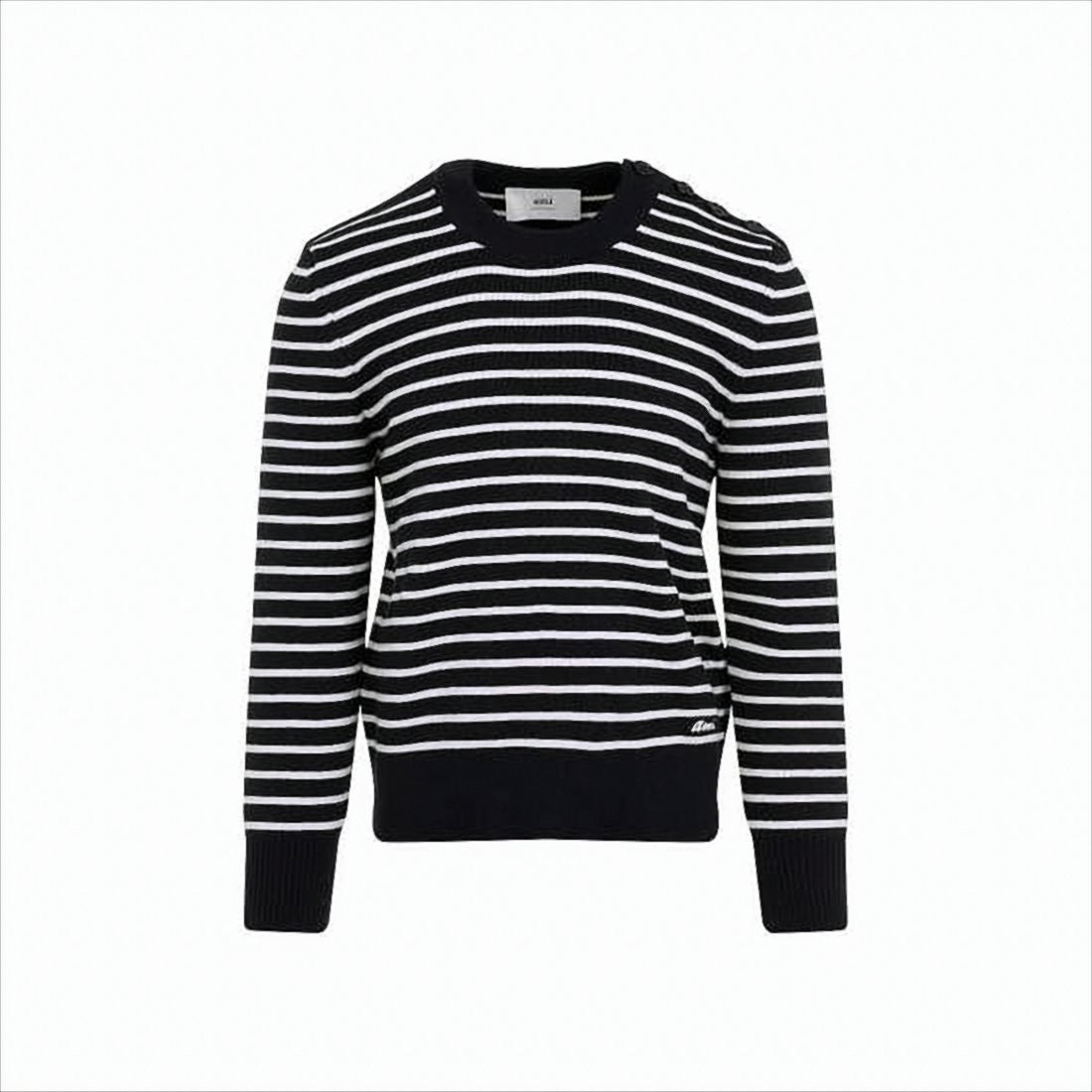 Horizontal Stripe Knit Sweater With Shoulder Button Detail