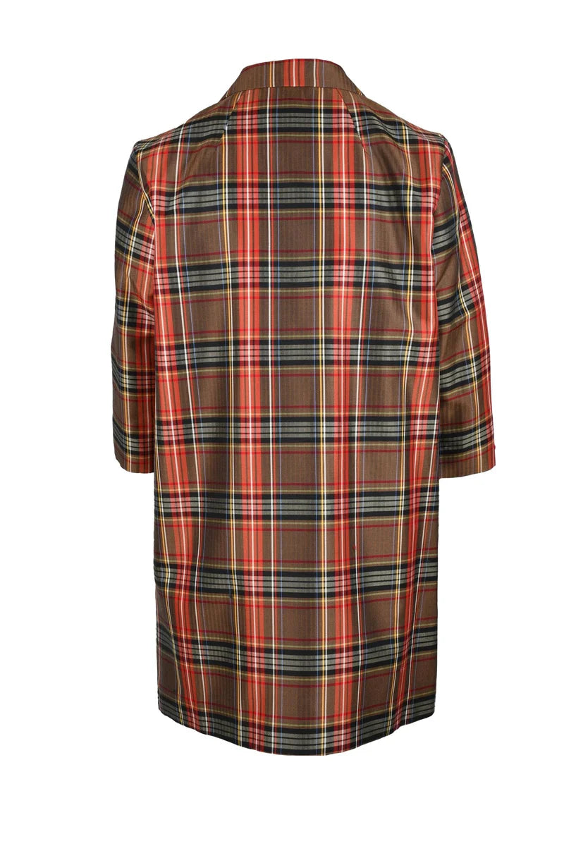 Mid-Length Plaid Coat with Button Closure