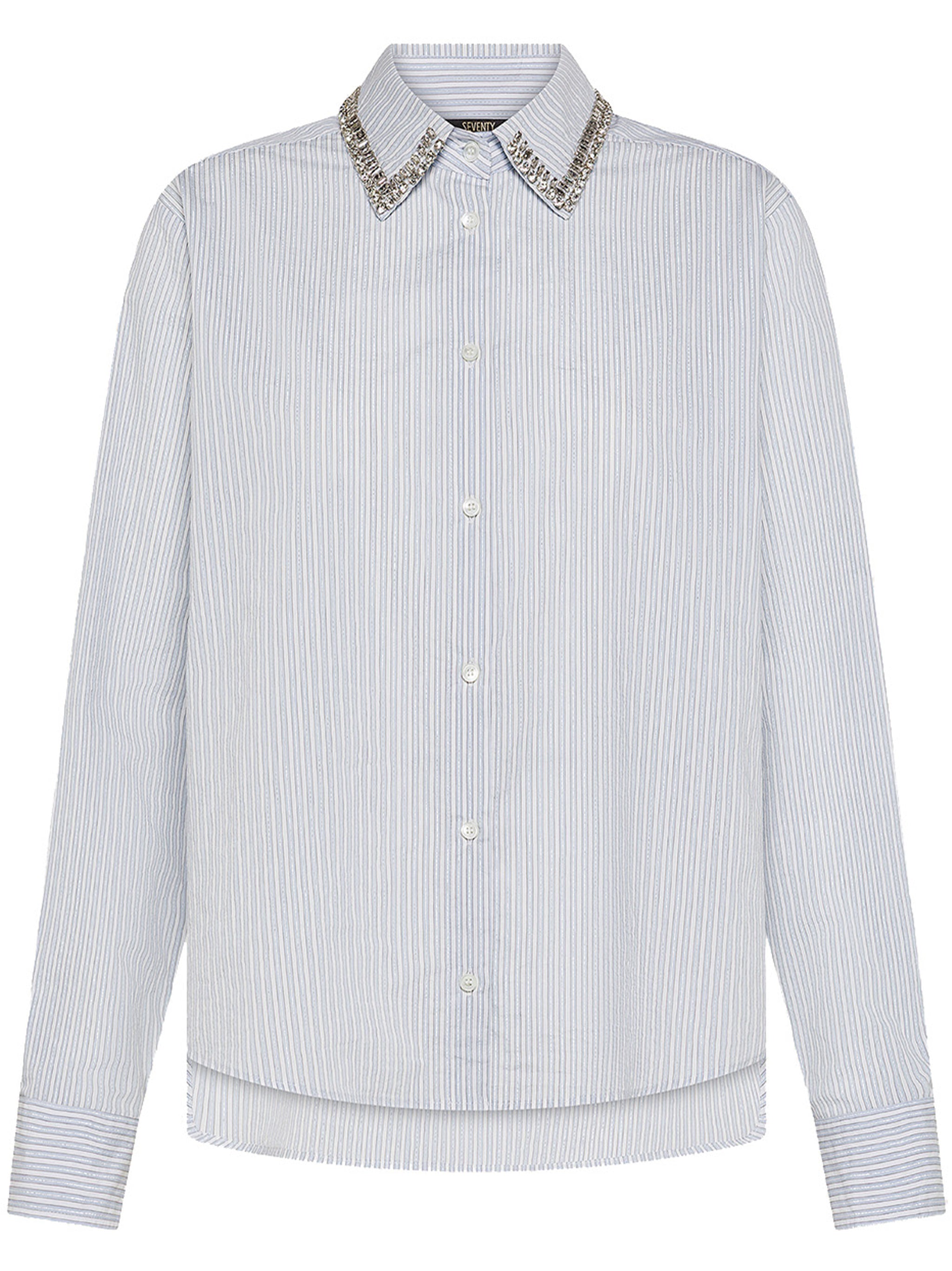White Pinstripe Embellished Collar Shirt