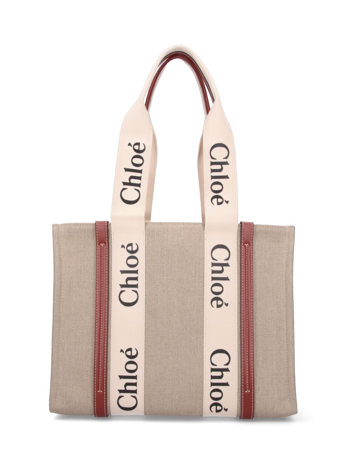 "Woody" Medium Tote Bag, In Beige Linen Canvas