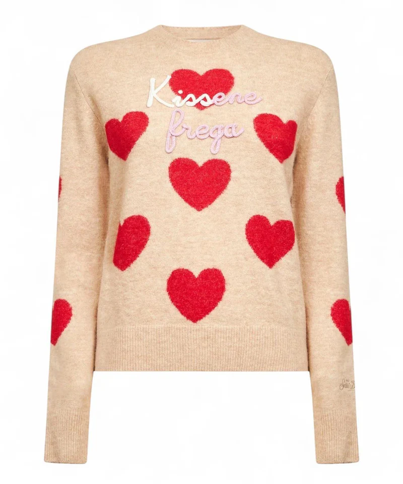 Beige Alpaca Sweater With Heart Motifs
