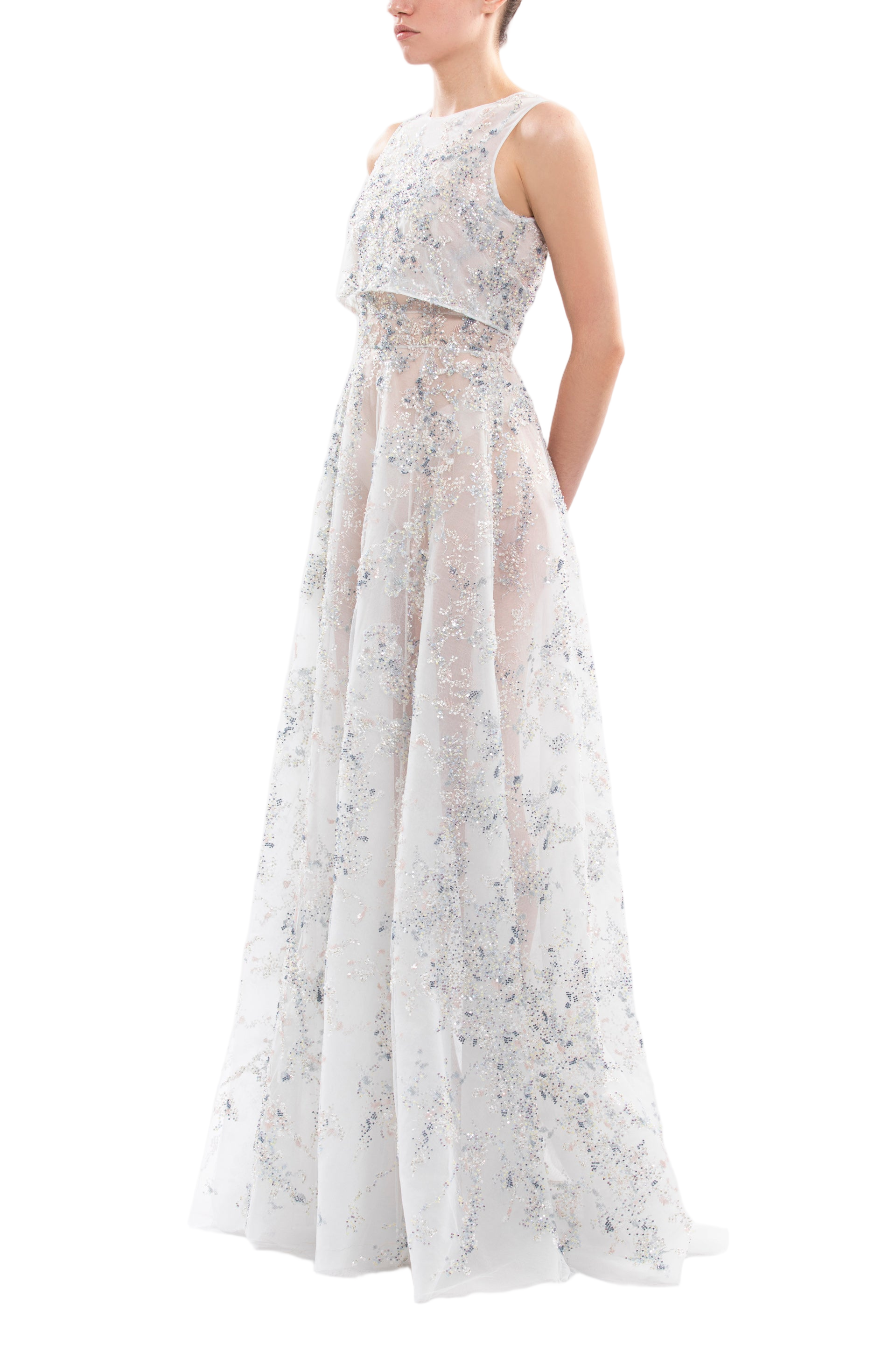 Intricately Embroidered Off-White Maxi Dress