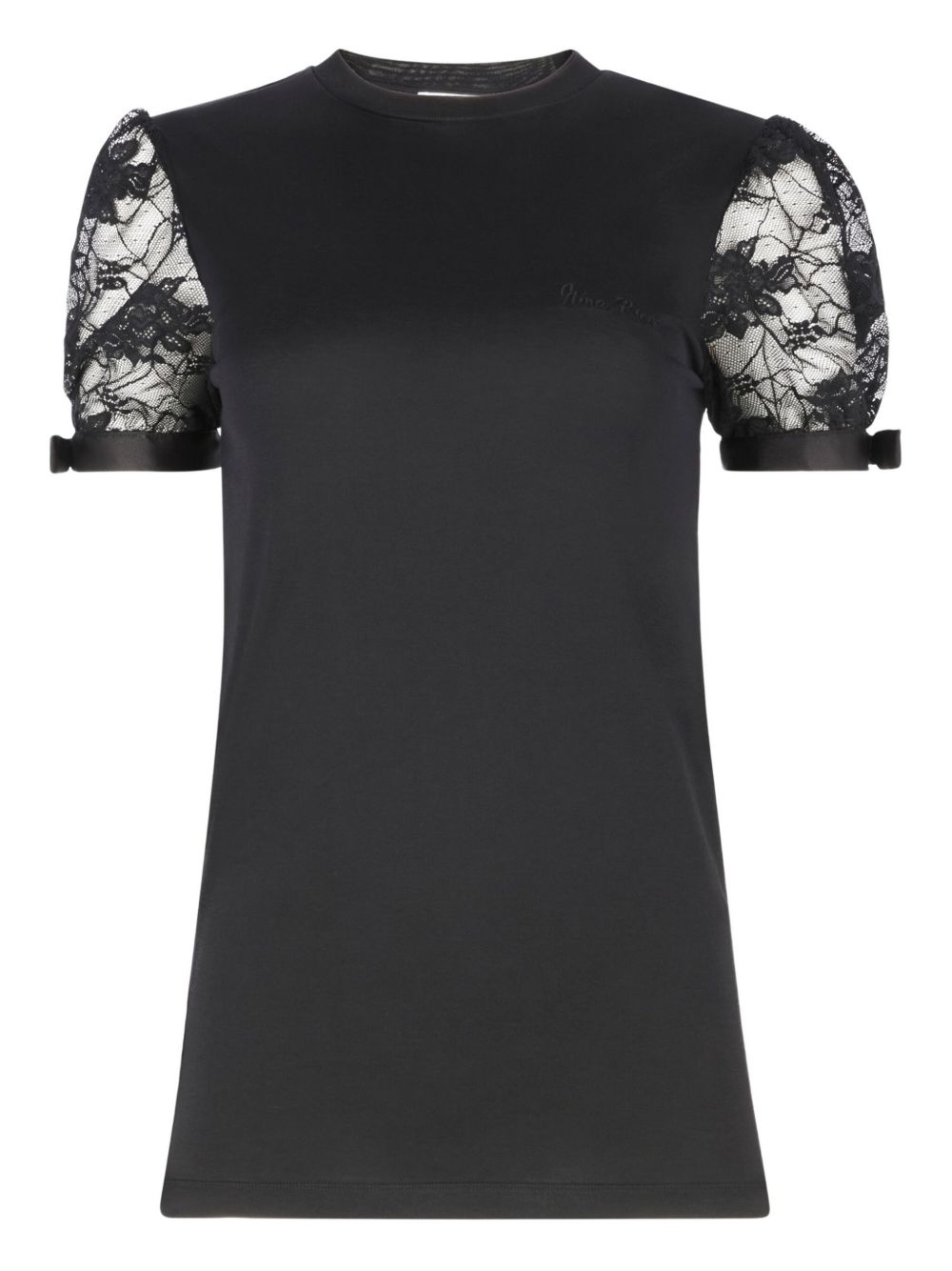 Short-Sleeved Top with Lace Sleeves and Bow Details