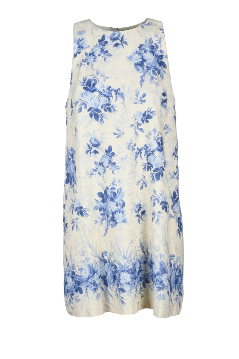 Sheath Dress Linen/Cotton - White/Blue