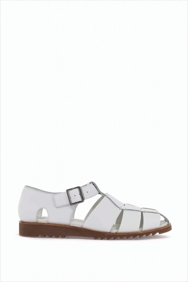 White Leather Cage Sandals with Brown Rubber Sole