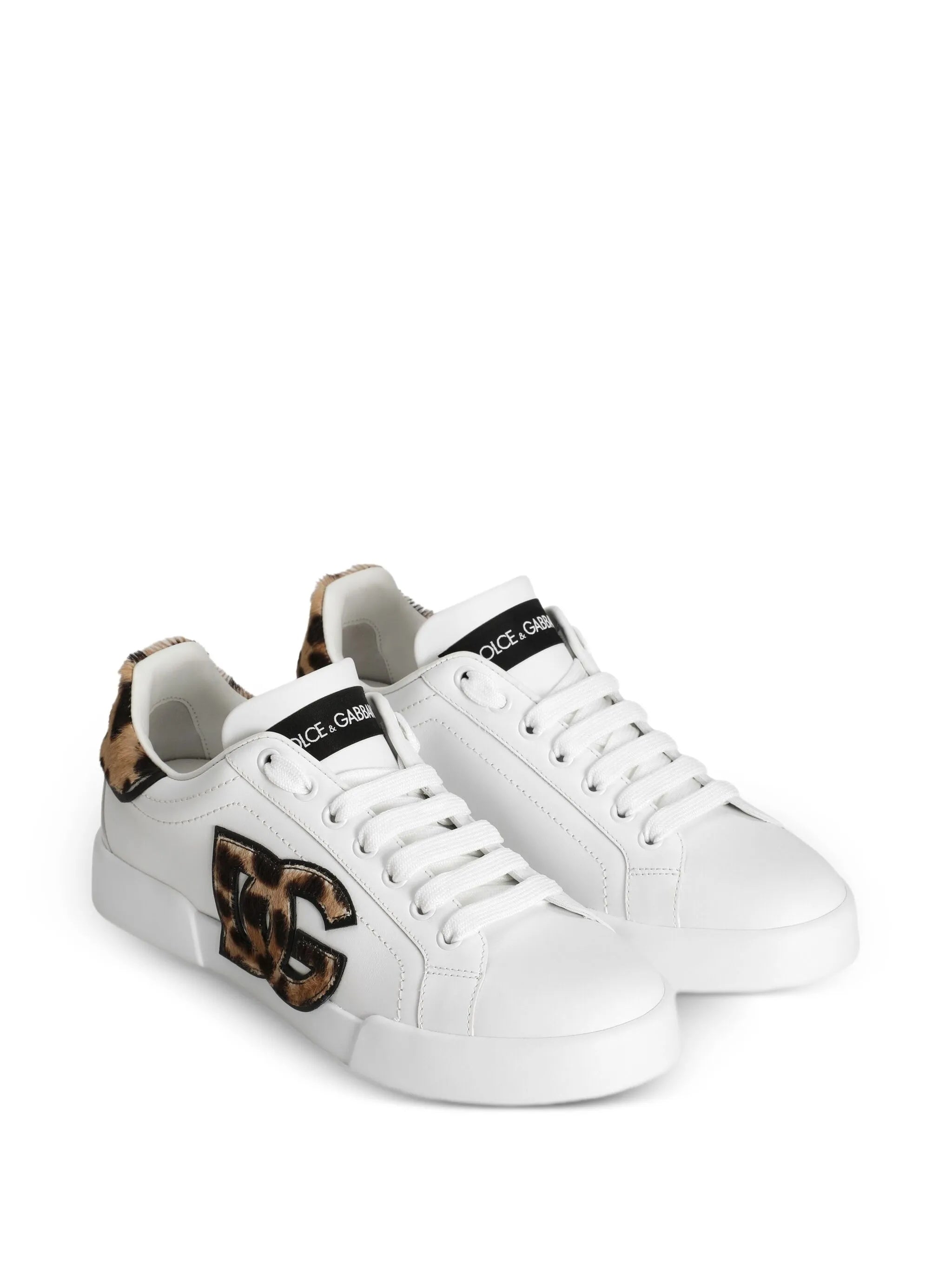 White Low-Top Leopard Print Accent Sneakers