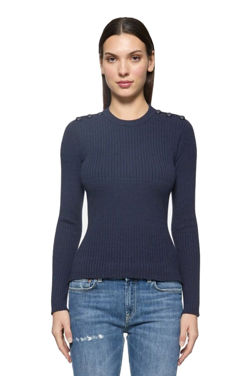 Fitted Blue Sweater With Shoulder Buttons