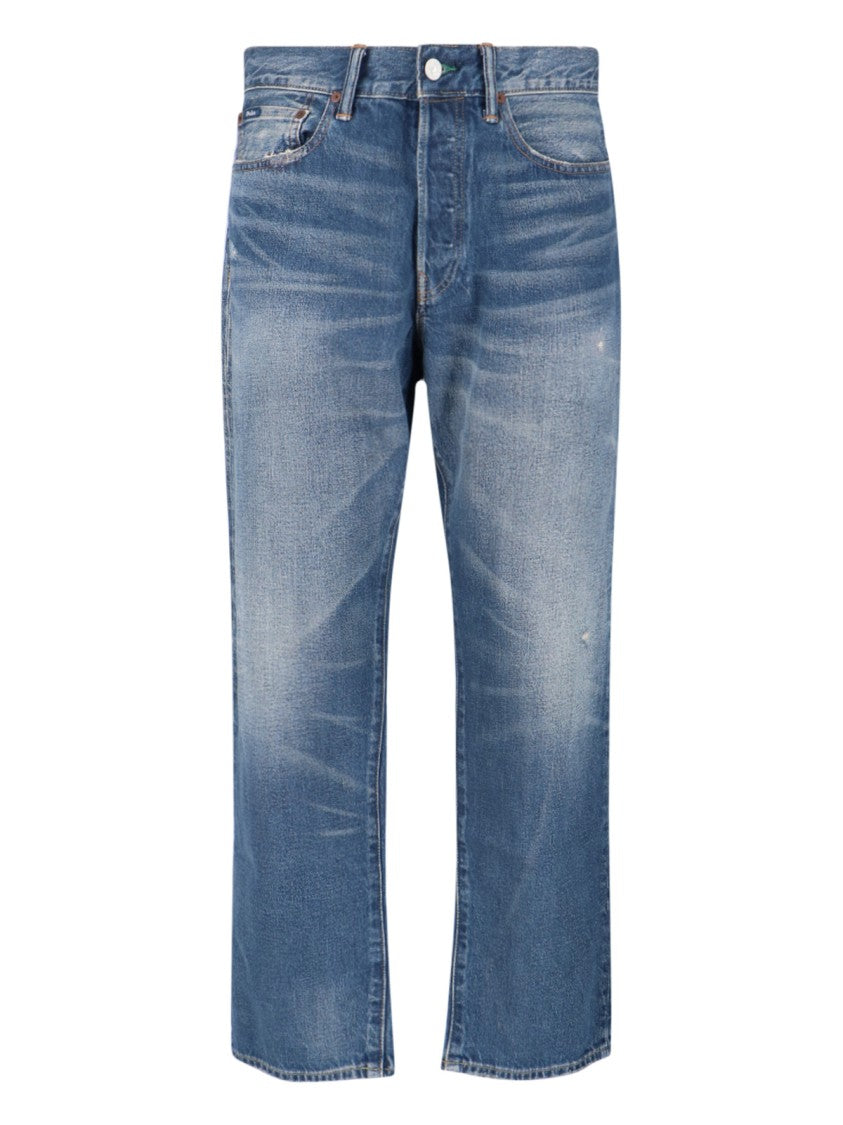 Straight-Leg Jeans In Medium Blue Denim With Distressed Finish