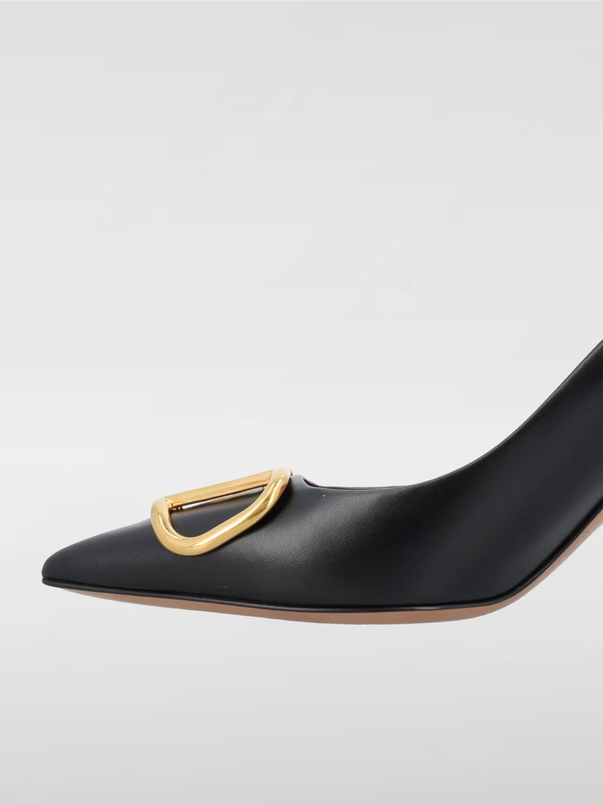 Black Pointed-Toe Gold Buckle Leather Pumps