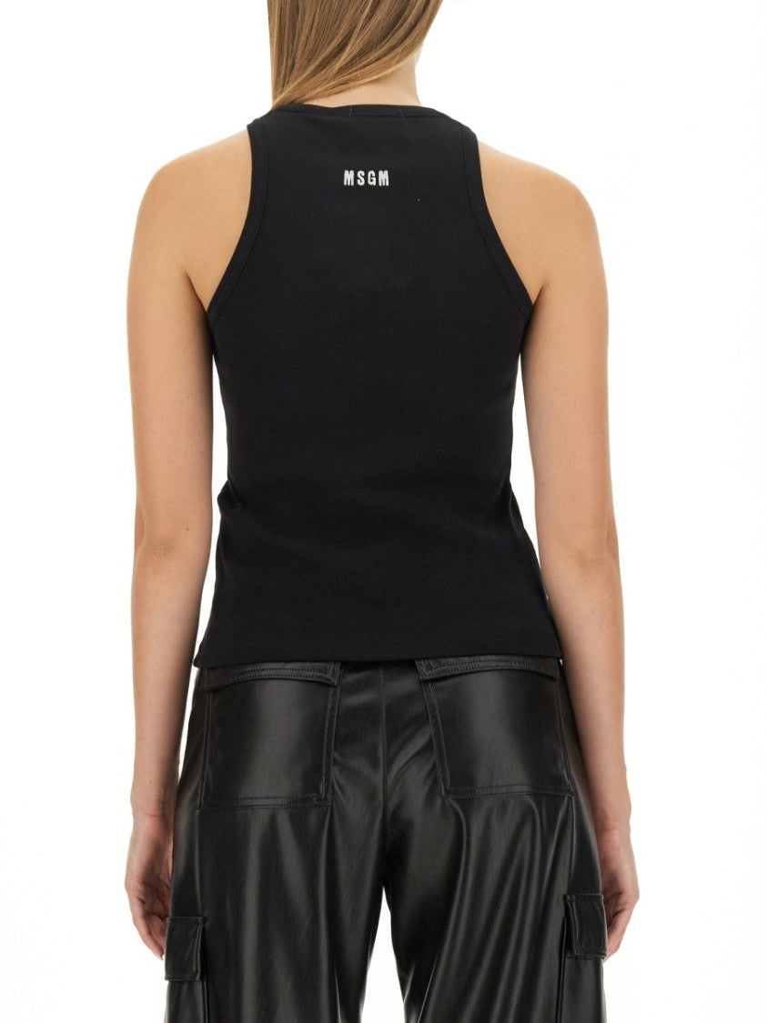 Fitted Sleeveless Ribbed Cotton Top With Embroidered Detail