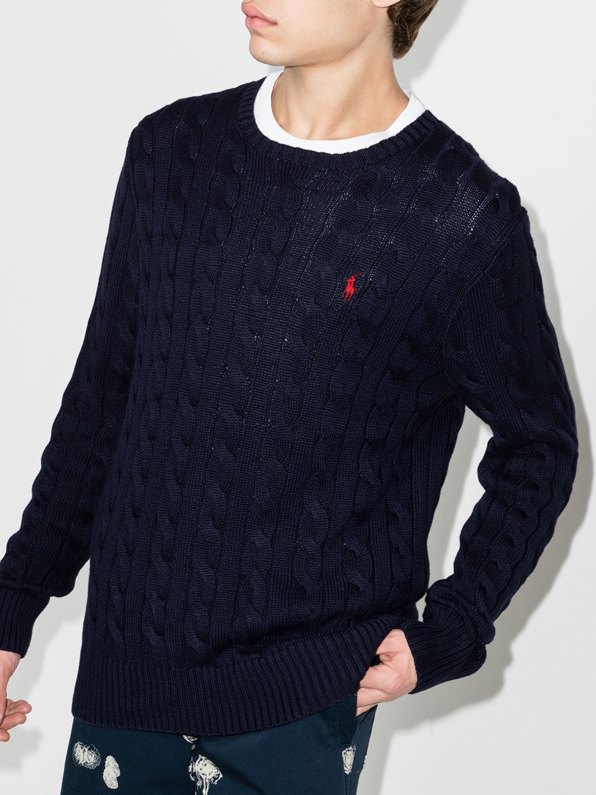 Blue Pullover Cable Knit Cotton Sweater