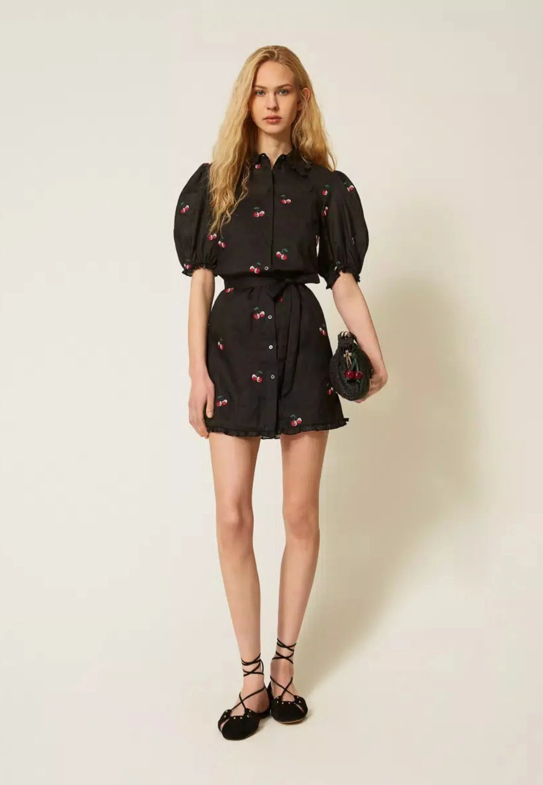 Playful Black Mini Dress with Ruffled Collar