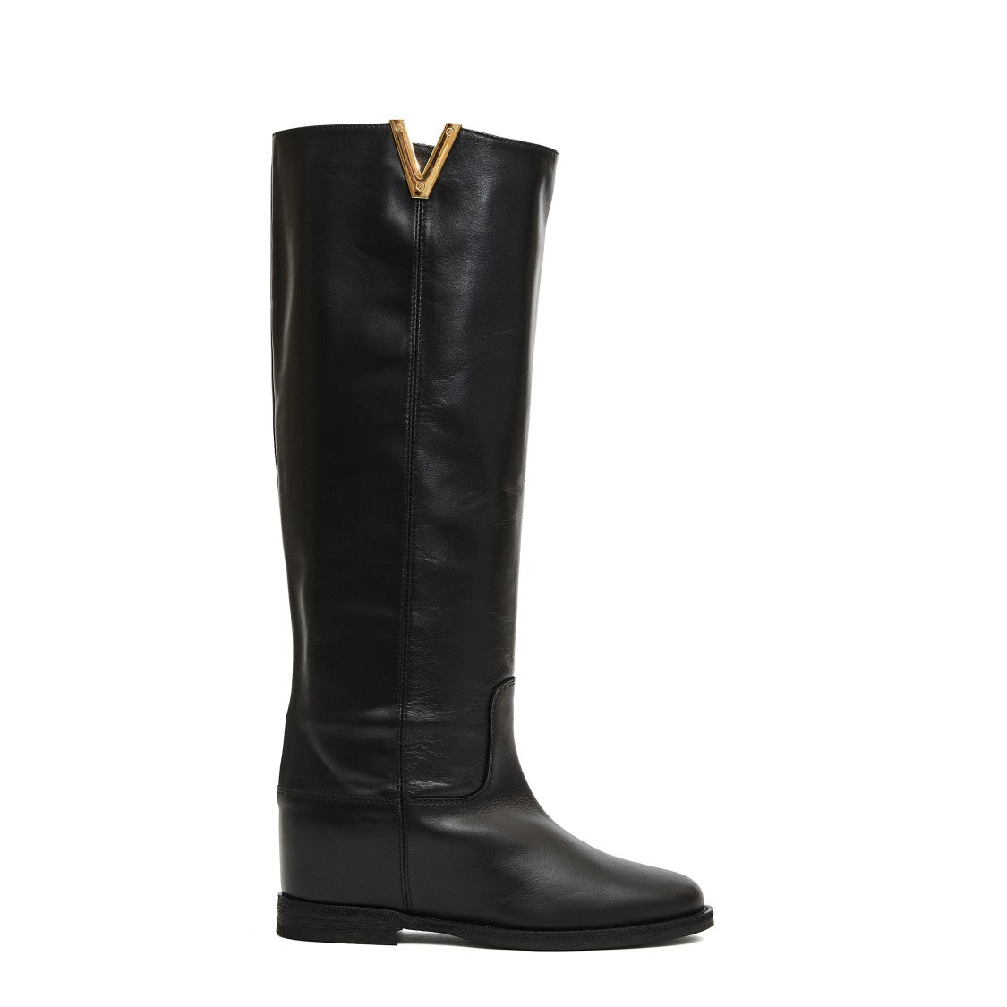 Tall Leather Boots With Gold V Accent And Wedge Heel