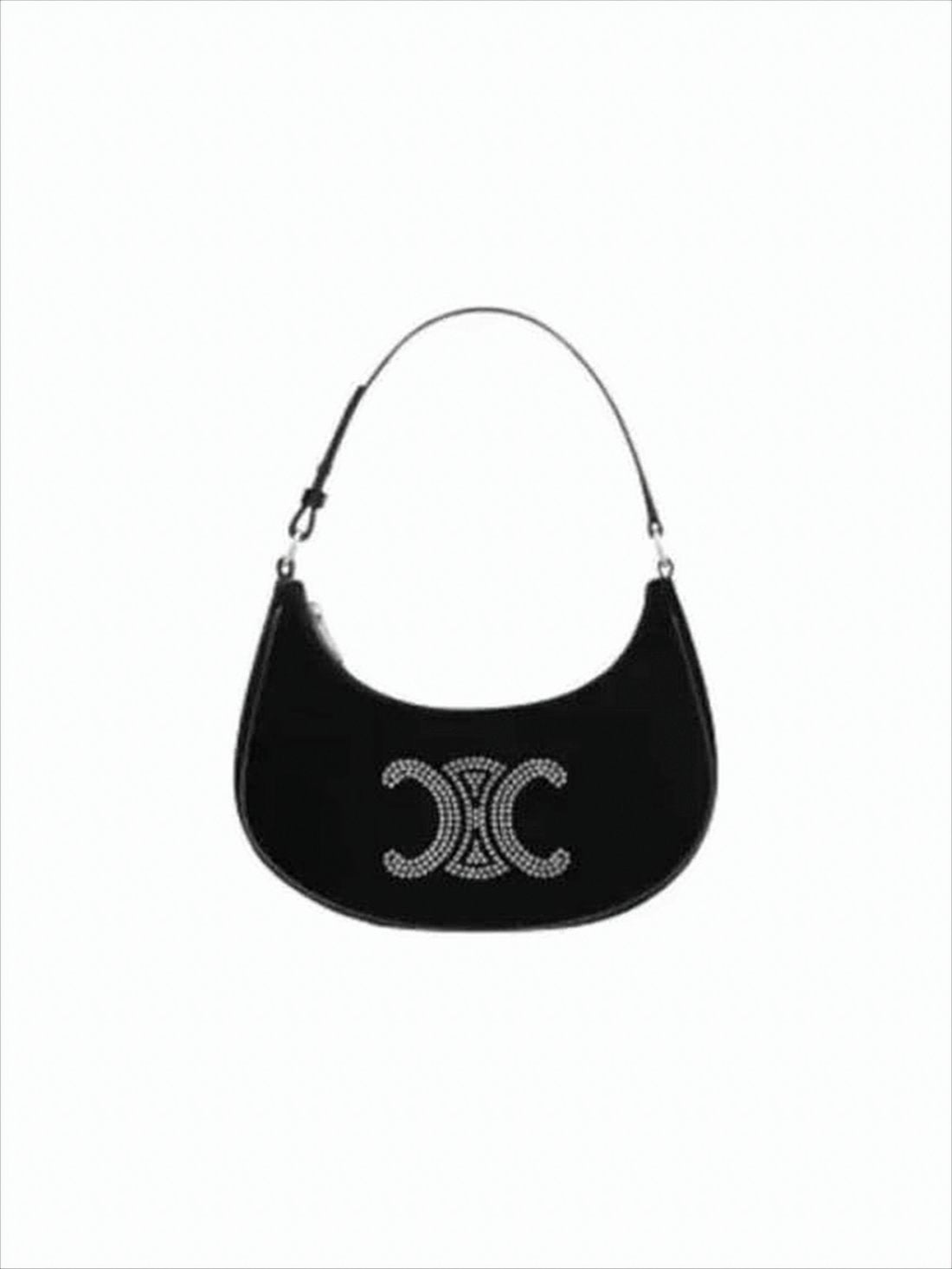 Crescent-Shape Velvet Shoulder Bag with Embellished Logo