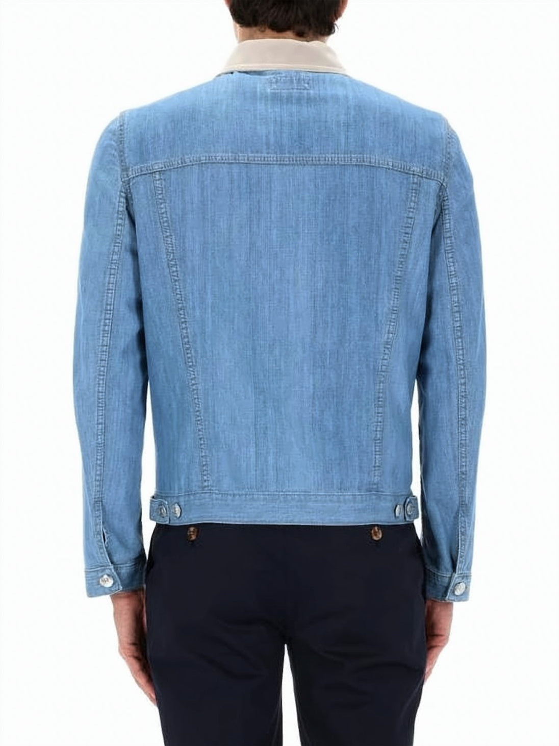 Light Blue Wash Denim Jacket with Contrasting Beige Collar