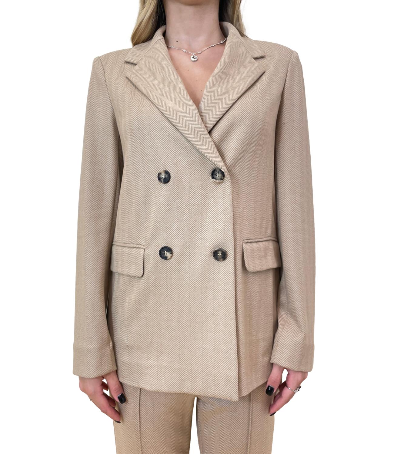 Double-Breasted Beige Herringbone Jacket With Wide Lapels