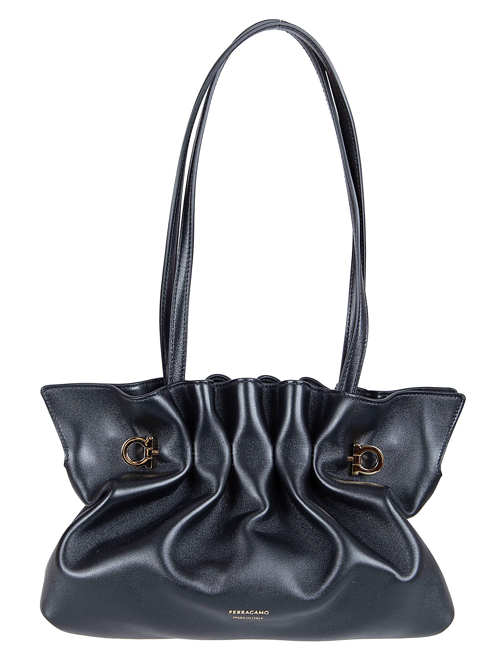 Gathered Black Nappa Leather Soft Bag with Gold Accents