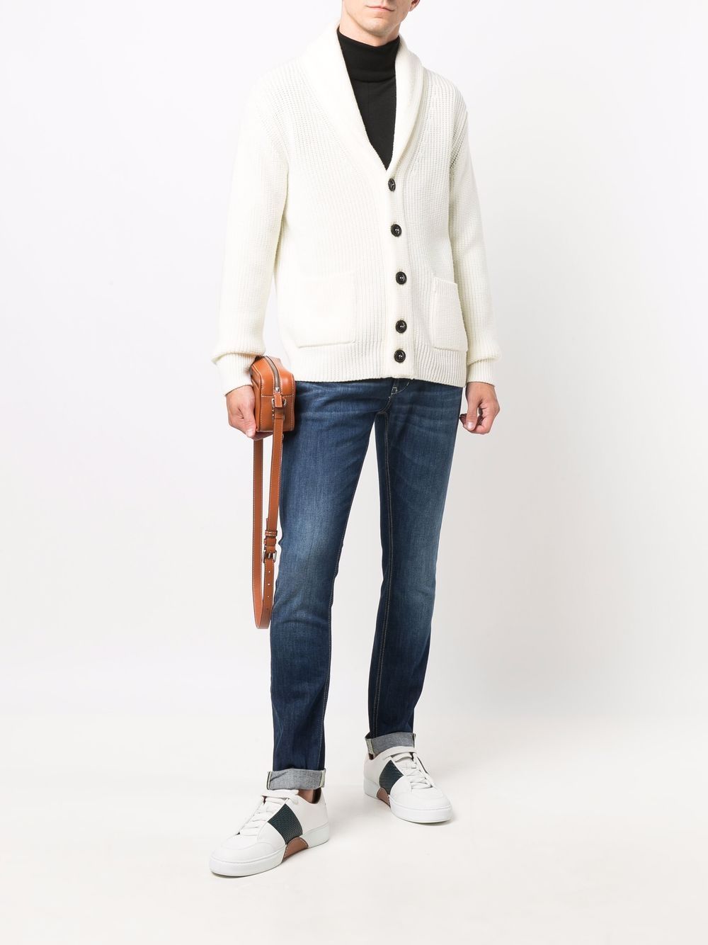 Rib Stitch White Cardigan With Shawl Collar
