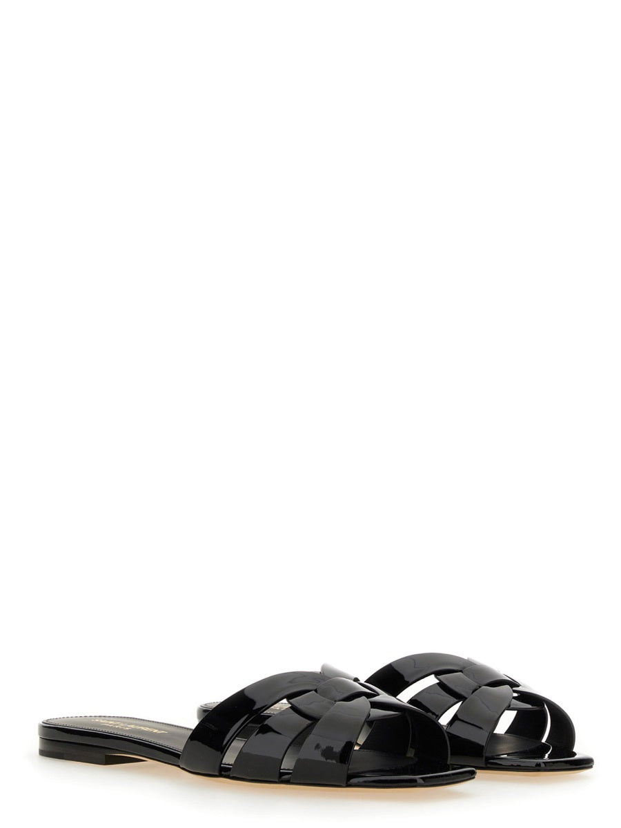Black Glossy Calfskin Flat Tribute Sandals