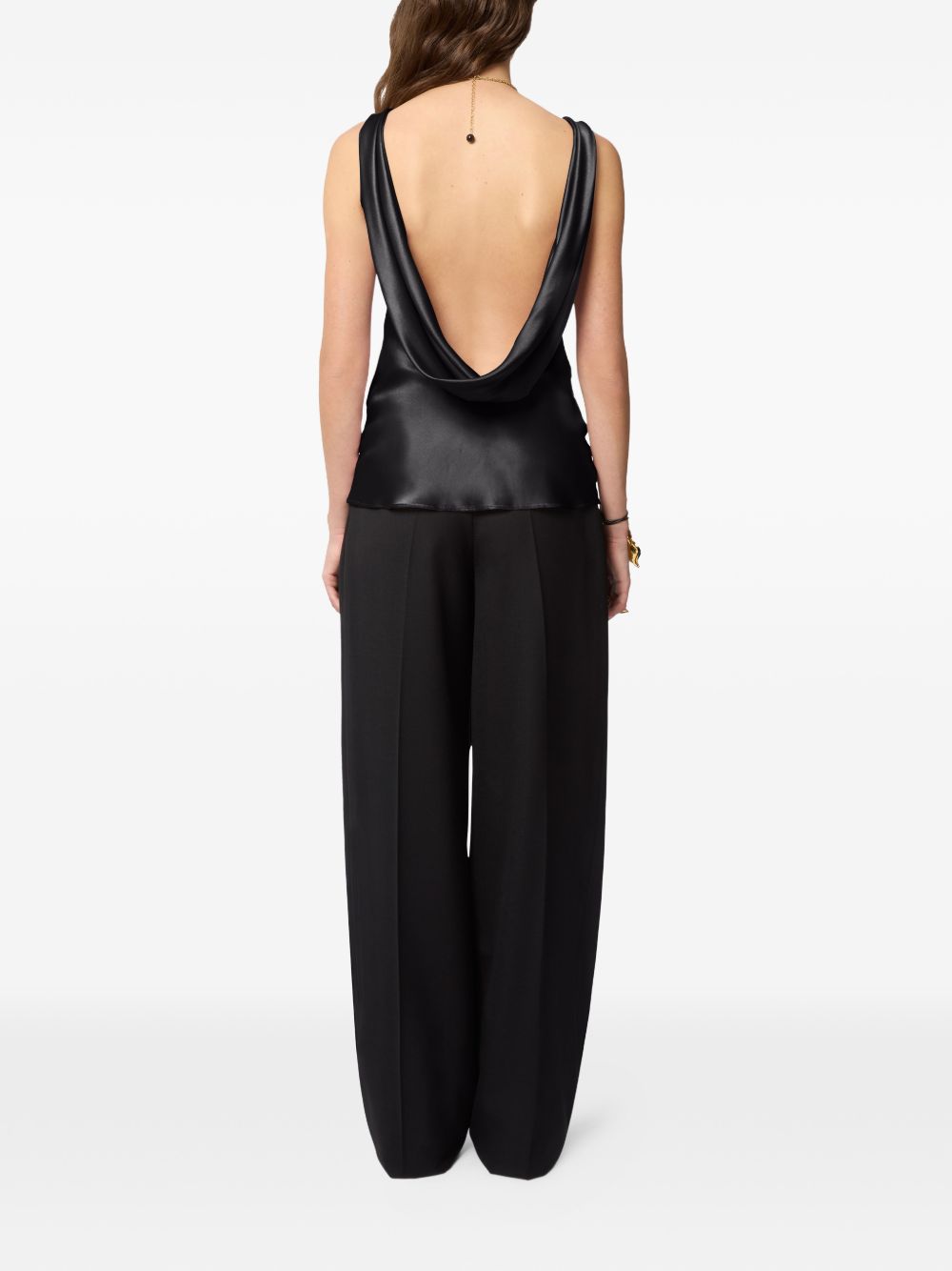 Draped Black Satin Top With Boat Neckline