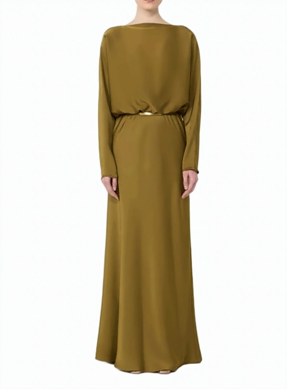 Green Satin Belted Maxi Dress