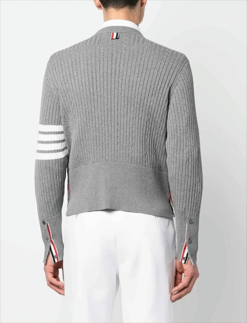 Ribbed Knit Grey Sweater with Distinctive Buttoned Cuffs