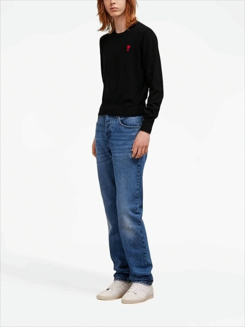 Fitted Black Merino Wool Sweater with Heart Logo