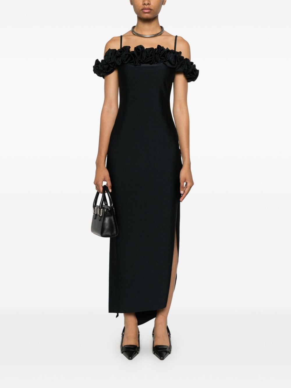 Ruffled Trim Black Midi Dress