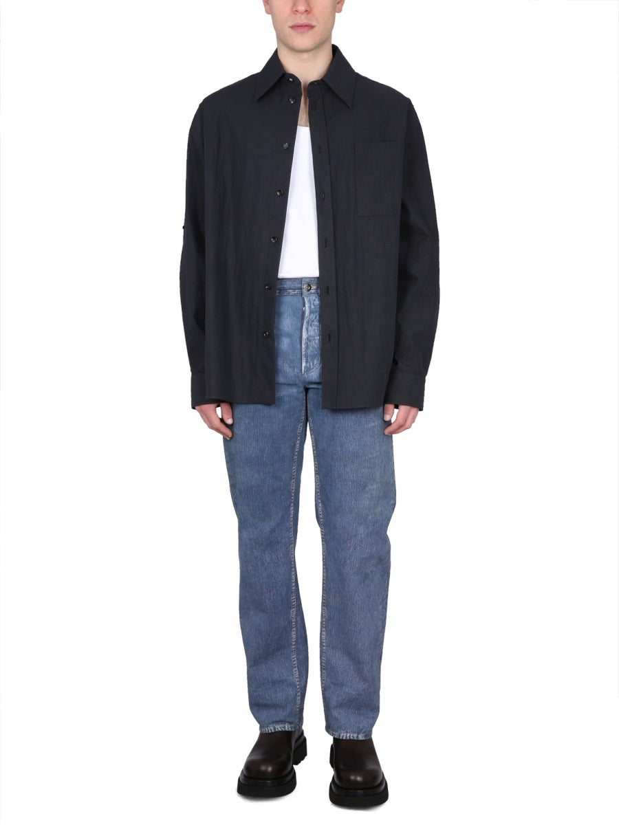 Pointed Collar Cotton Twill Shirt with Button Closure