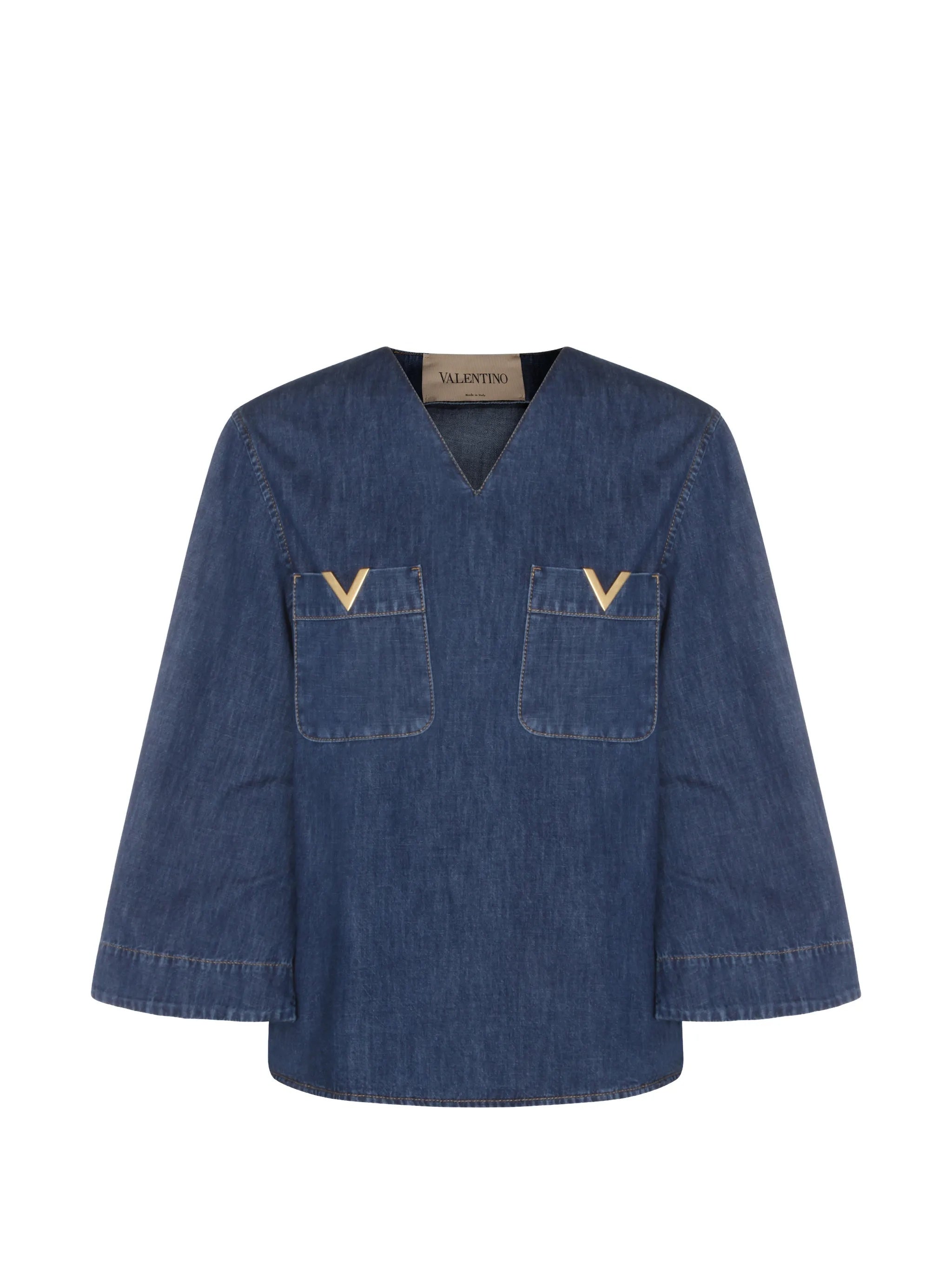 Blue Boxy Metallic-V Detail Denim Top