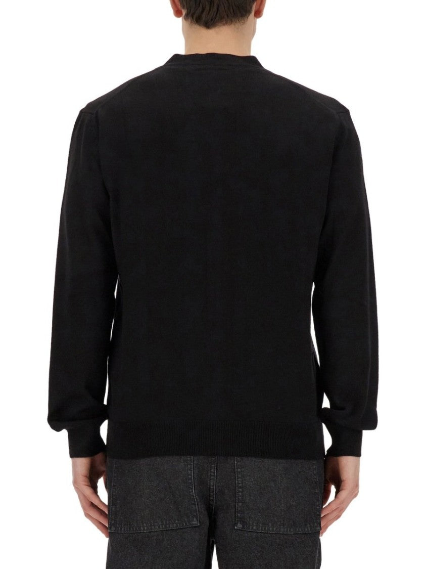 Black Wool Cardigan With V-Neckline And Embroidered Fox Emblem