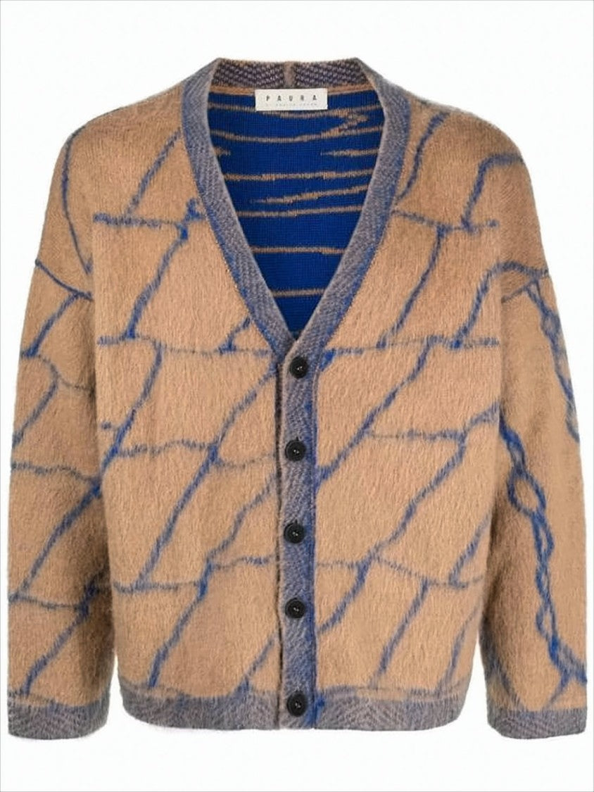 Relaxed Fit V-Neck Cardigan with Abstract Pattern