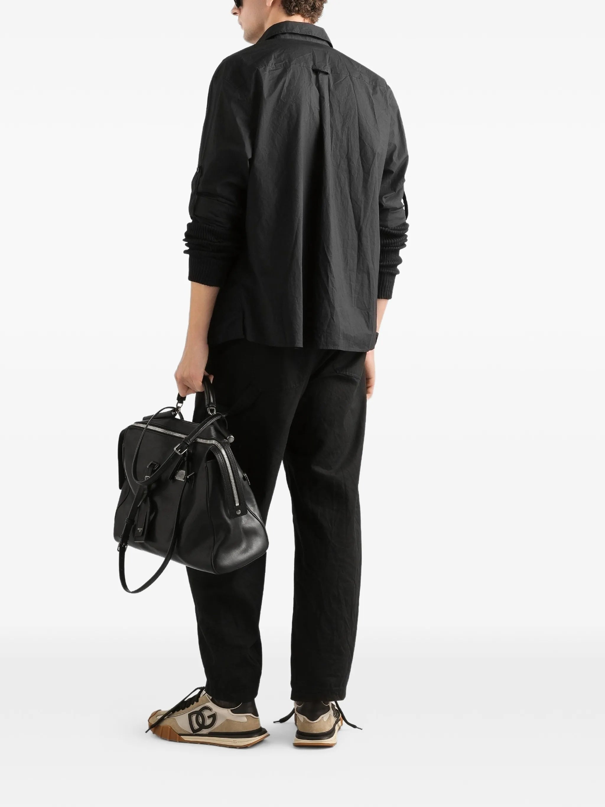 Long-Sleeve Black Cotton Button Tab Shirt