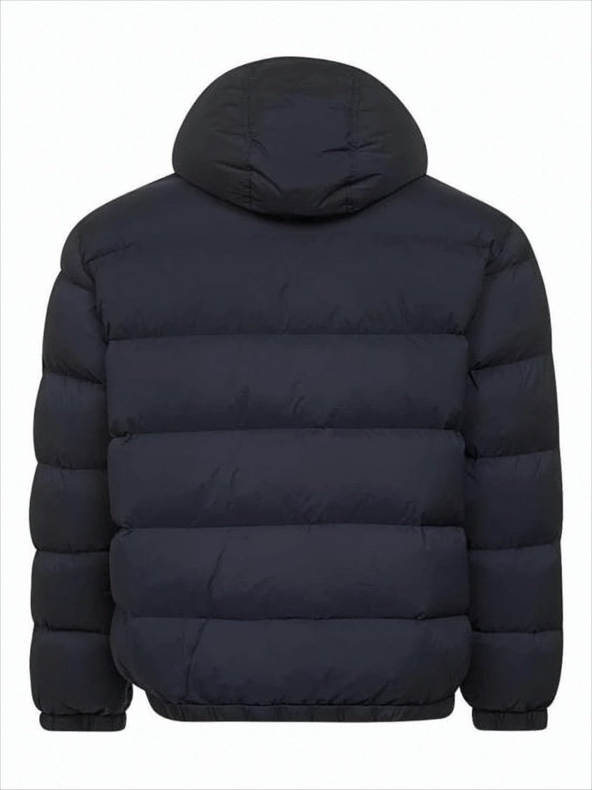 Quilted Blue Padded Jacket with Hood and Flap Pockets
