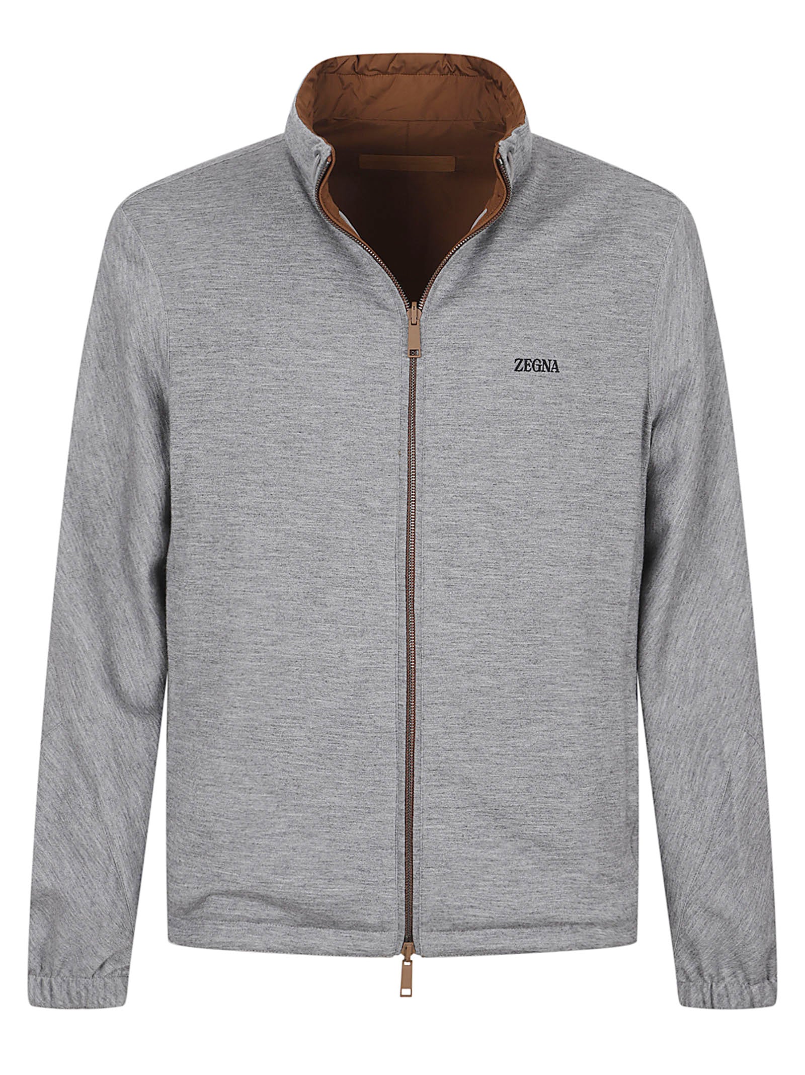Brown Zip-Front Casual Jacket with Leather Detailing