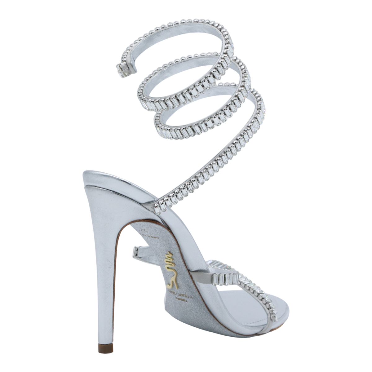 High-Heeled Silver Sandals with Crystal Embellishments