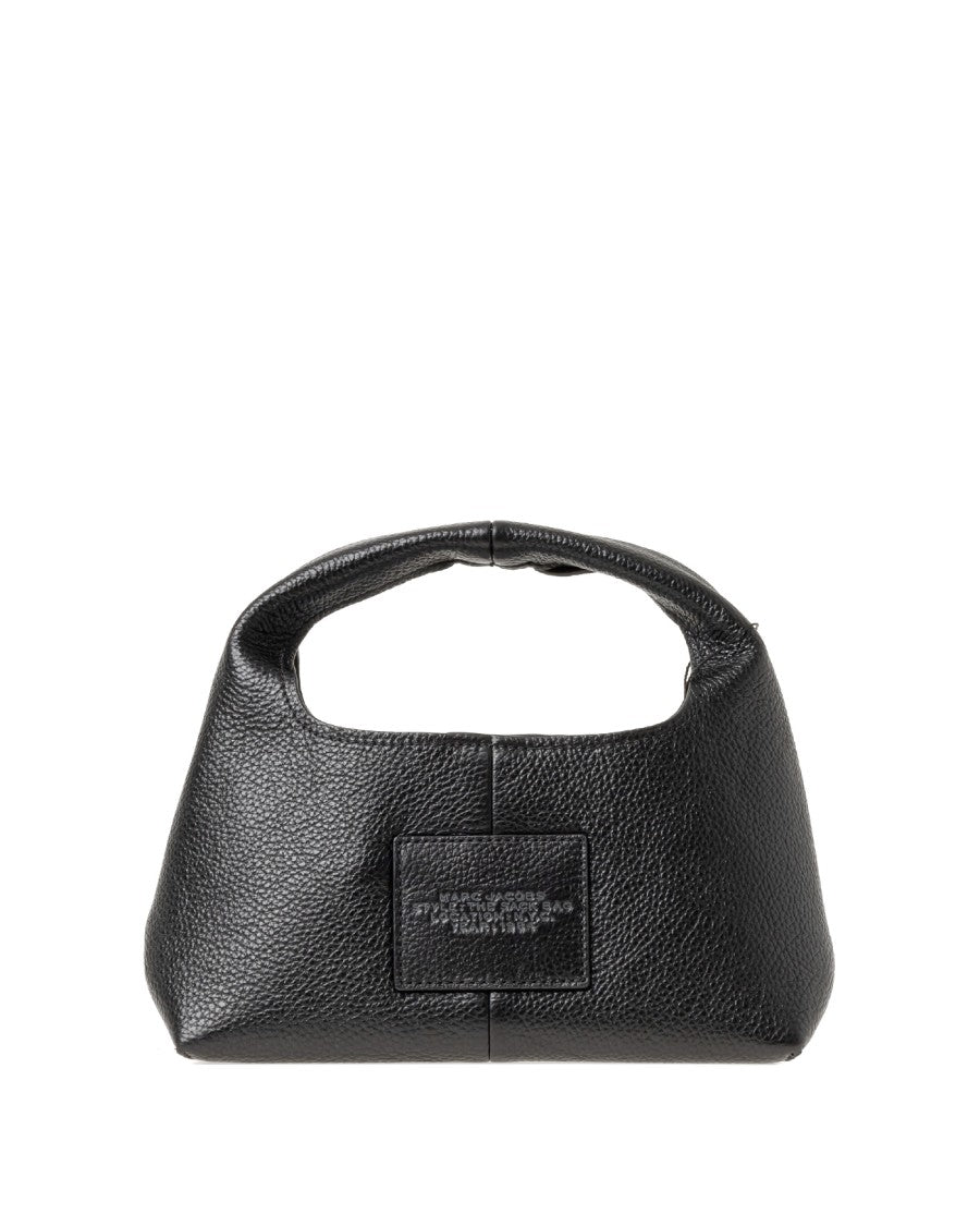 Semi-Circular Black Leather Shoulder Bag With Embossed Branding