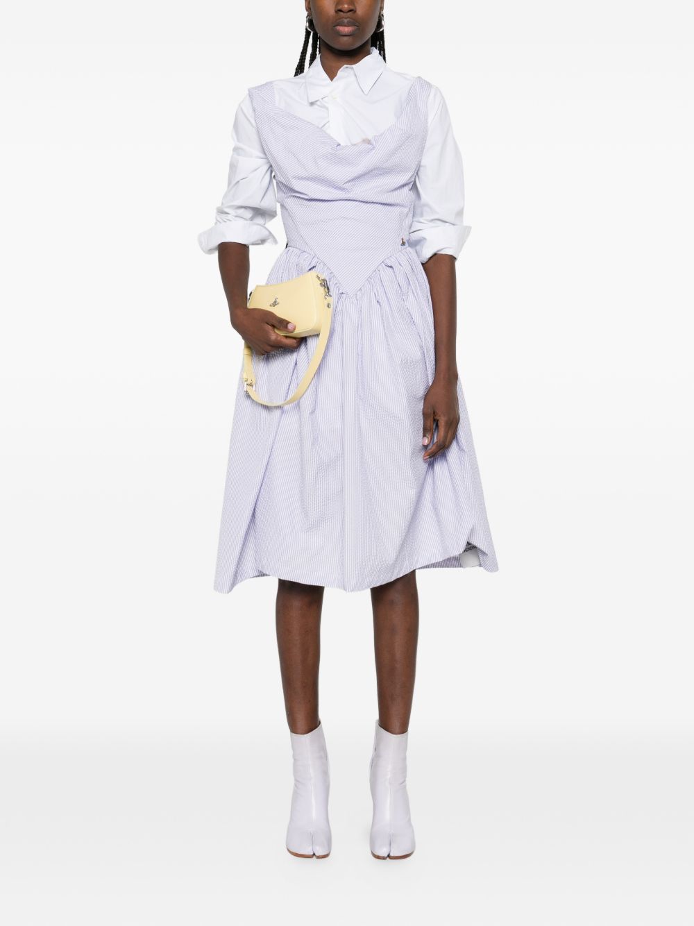 Sleeveless White Midi Dress With Draped Cowl Neckline And Gathered Waist