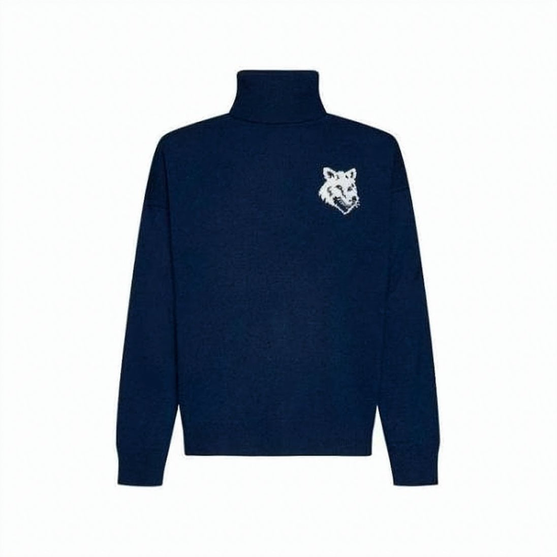 Minimalist Blue Wool Turtleneck Sweater With Emblem